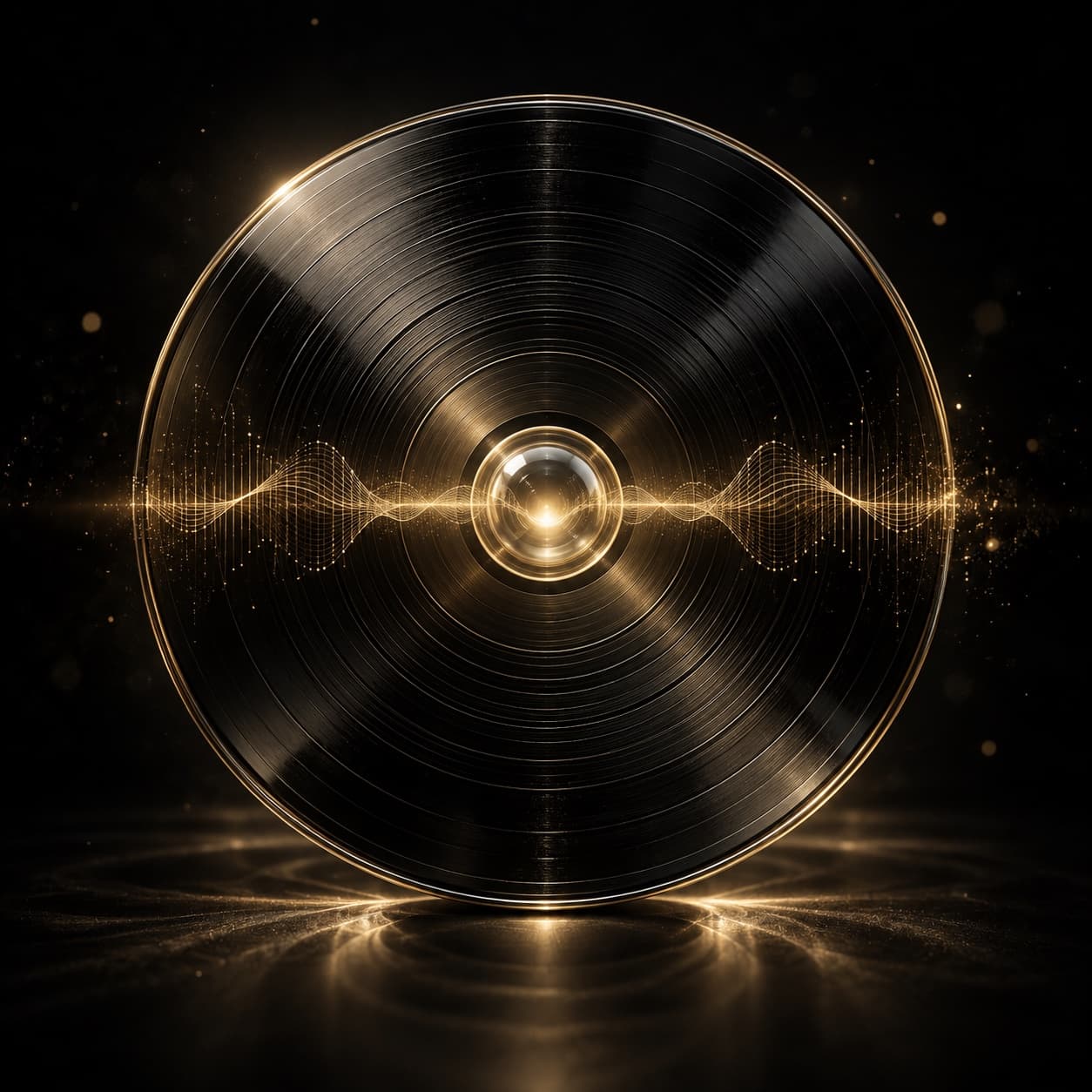 Sculptural black disc traced by a luminous gold waveform