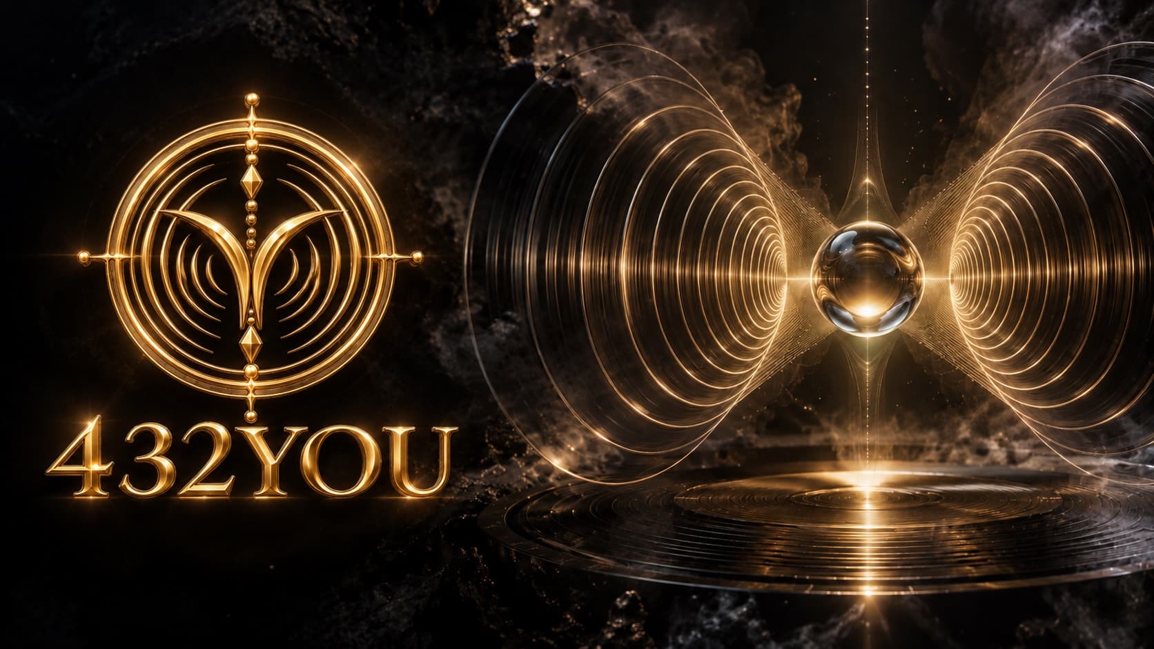 432You gold emblem and wordmark beside luminous sound-wave sculpture